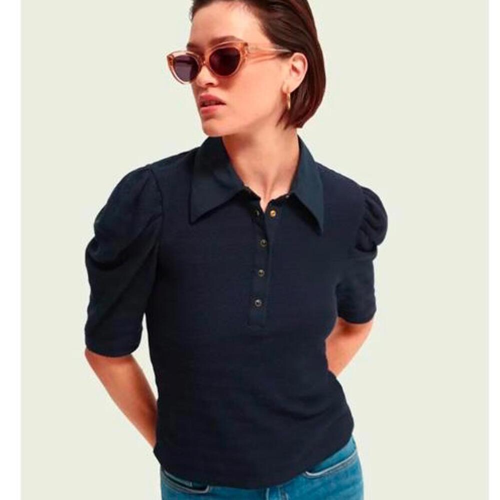 Scotch & Soda Puff Sleeve Button Collared Polo Top Navy Blue Women’s size XS